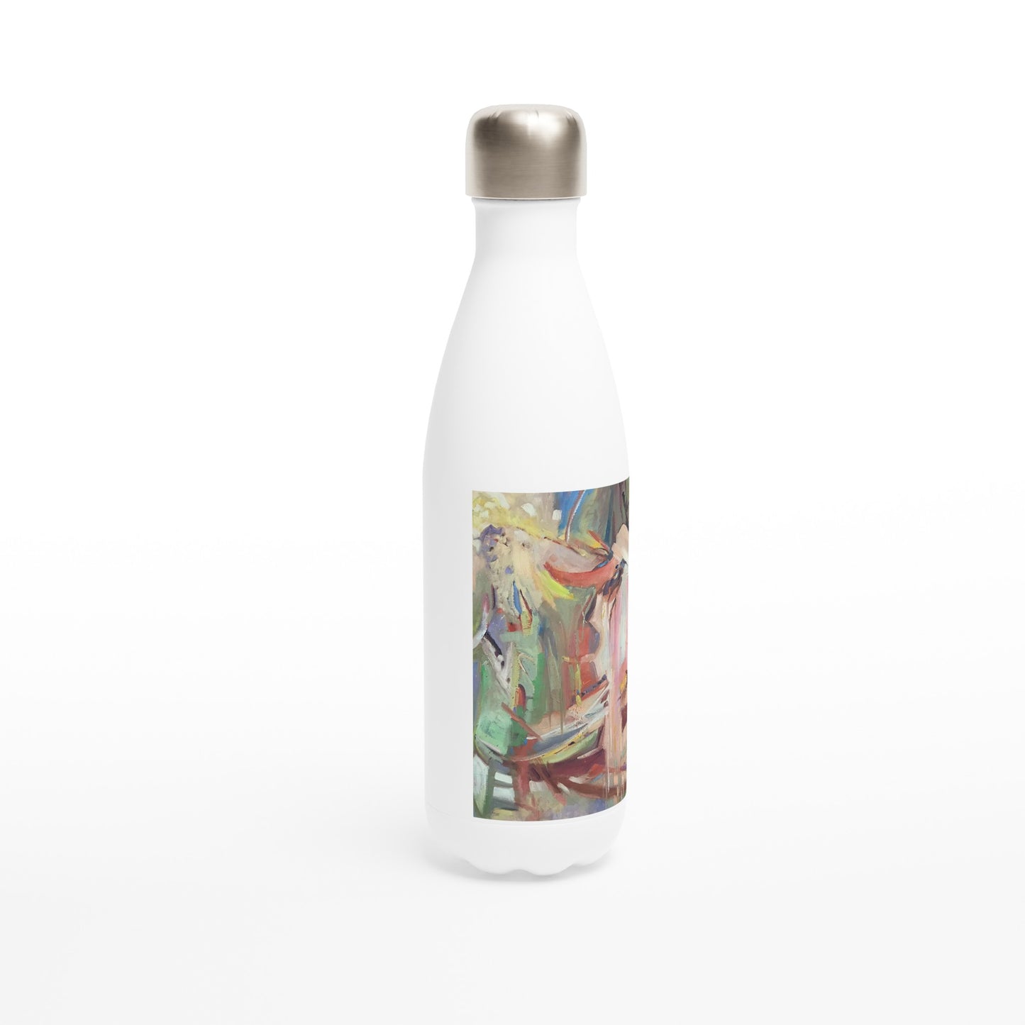 17oz White Stainless Steel Bottle with 'All Seasons' Abstract Artwork by American Artist Barbara Cleary
