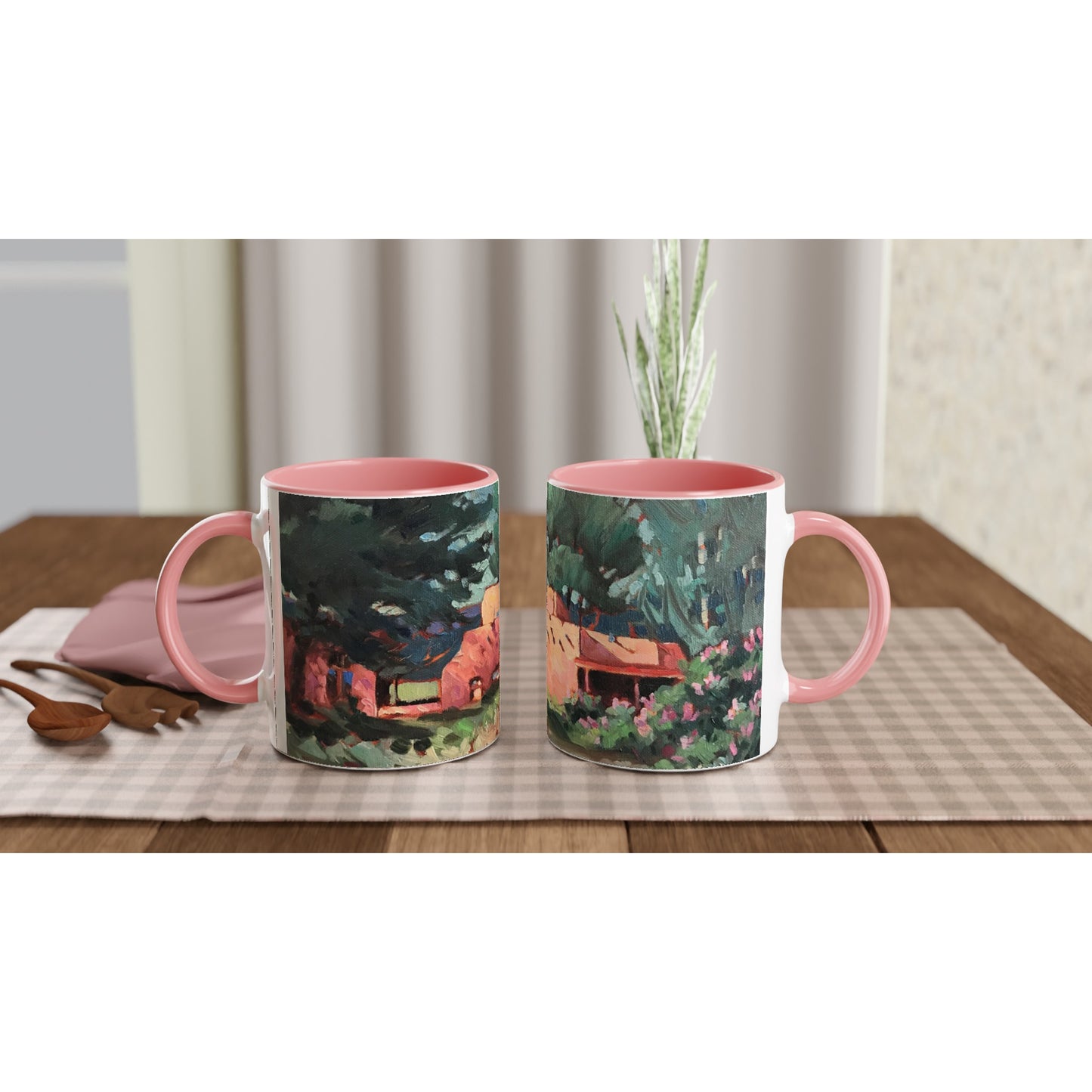 11oz White Ceramic Mug with Color Inside | Coffee Cup with 'Spring in Taos' Southwest Artwork by American Artist Barbara Cleary