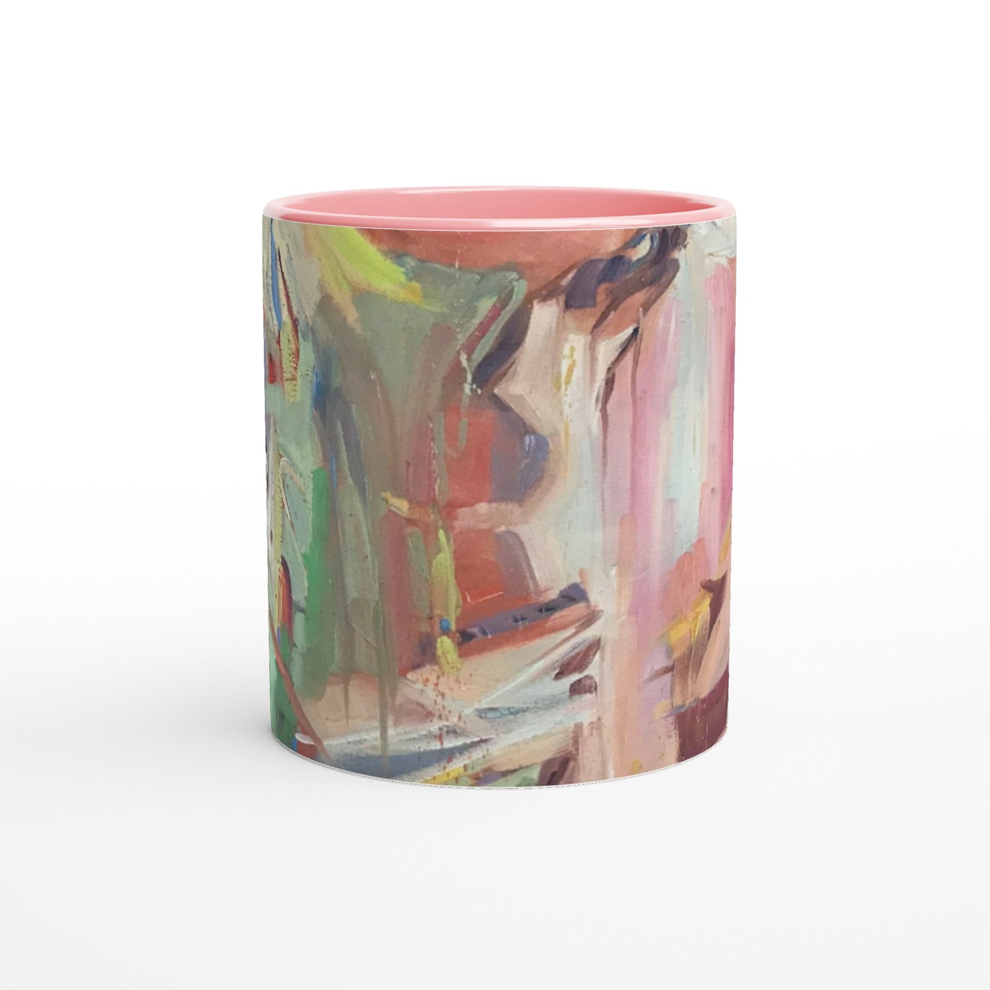 11oz White Ceramic Mug with Color Inside | Coffee Cup with 'All Seasons' Abstract Artwork by American Artist Barbara Cleary