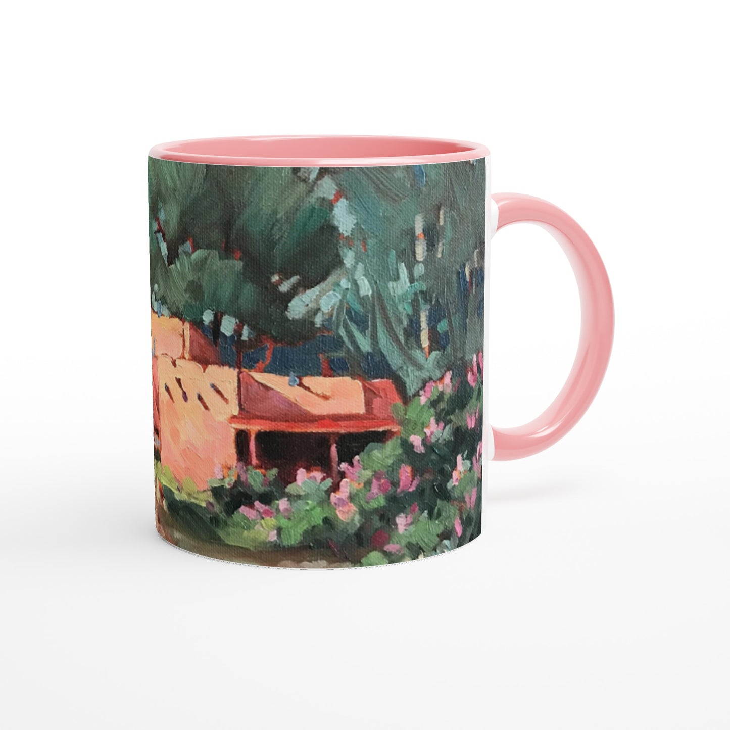 11oz White Ceramic Mug with Color Inside | Coffee Cup with 'Spring in Taos' Southwest Artwork by American Artist Barbara Cleary