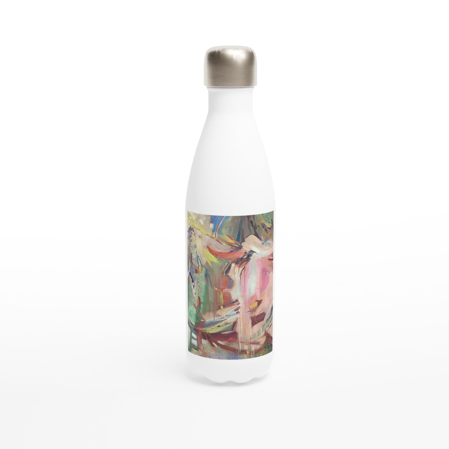 17oz White Stainless Steel Bottle with 'All Seasons' Abstract Artwork by American Artist Barbara Cleary
