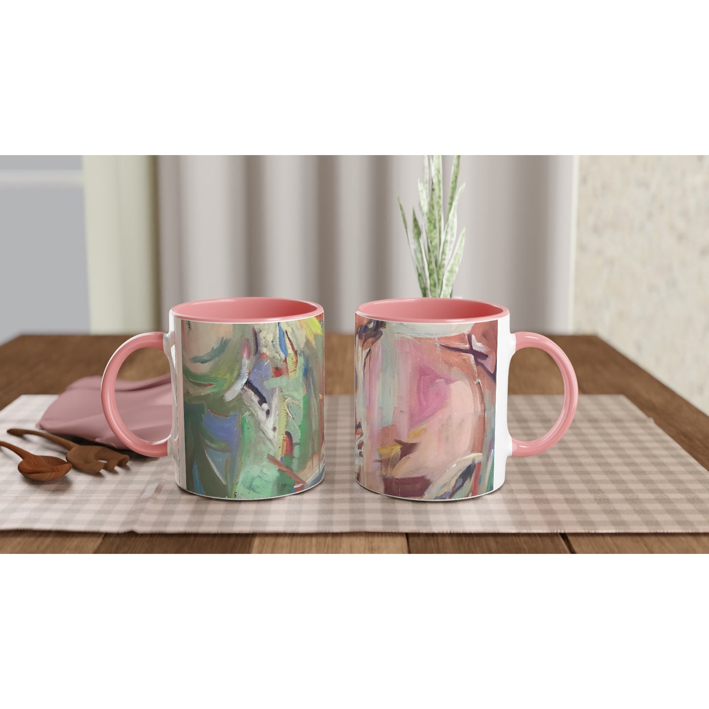 11oz White Ceramic Mug with Color Inside | Coffee Cup with 'All Seasons' Abstract Artwork by American Artist Barbara Cleary