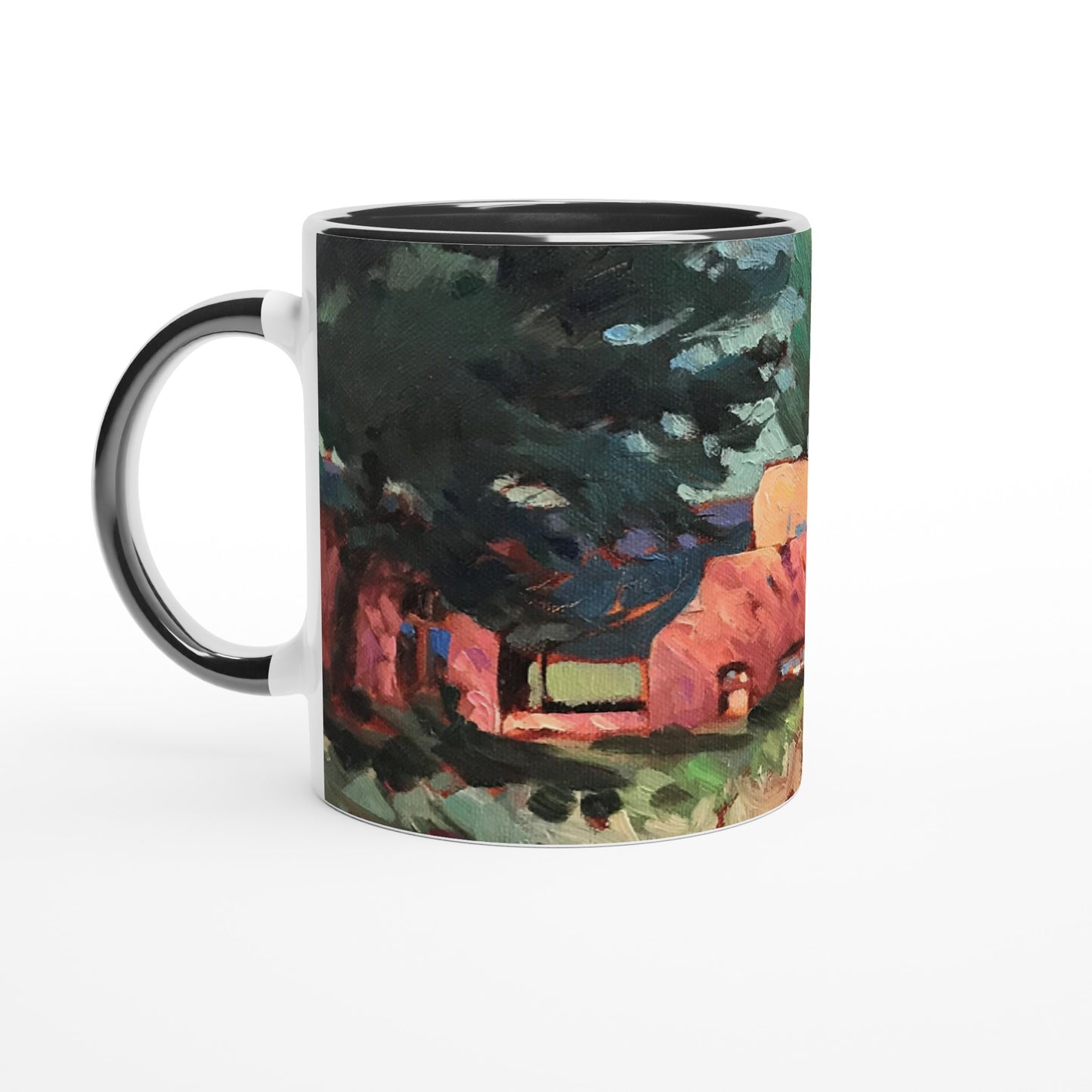 11oz White Ceramic Mug with Color Inside | Coffee Cup with 'Spring in Taos' Southwest Artwork by American Artist Barbara Cleary