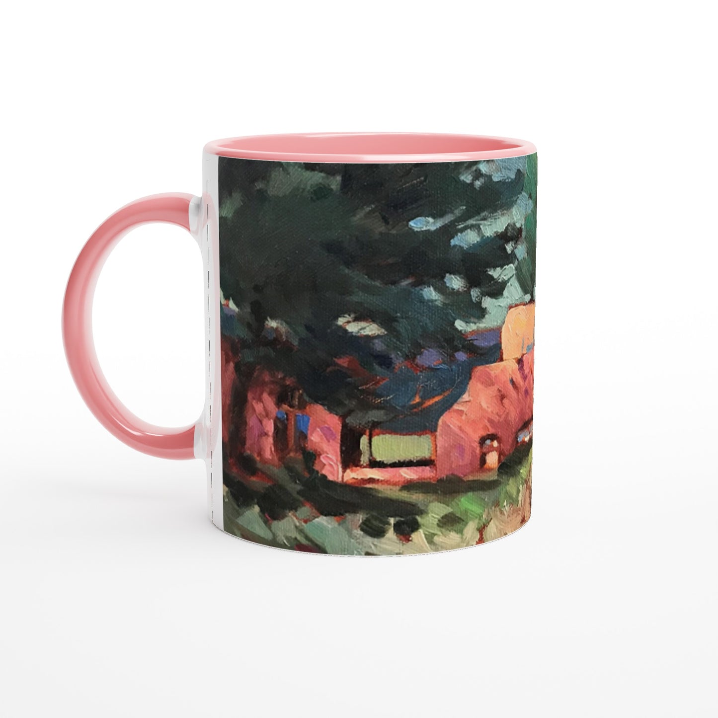11oz White Ceramic Mug with Color Inside | Coffee Cup with 'Spring in Taos' Southwest Artwork by American Artist Barbara Cleary