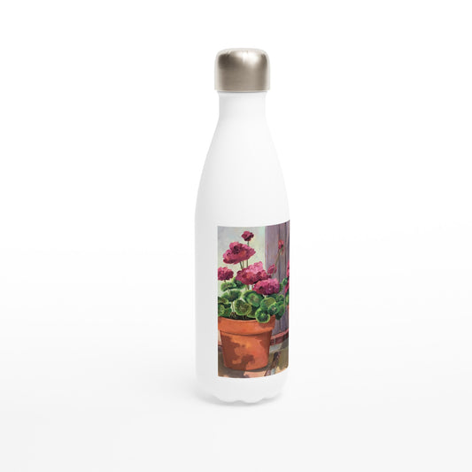 "Geraniums 2" White 17oz Stainless Steel Water Bottle by Barbara Cleary Designs