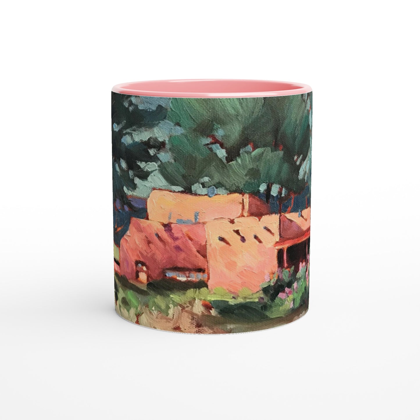 11oz White Ceramic Mug with Color Inside | Coffee Cup with 'Spring in Taos' Southwest Artwork by American Artist Barbara Cleary