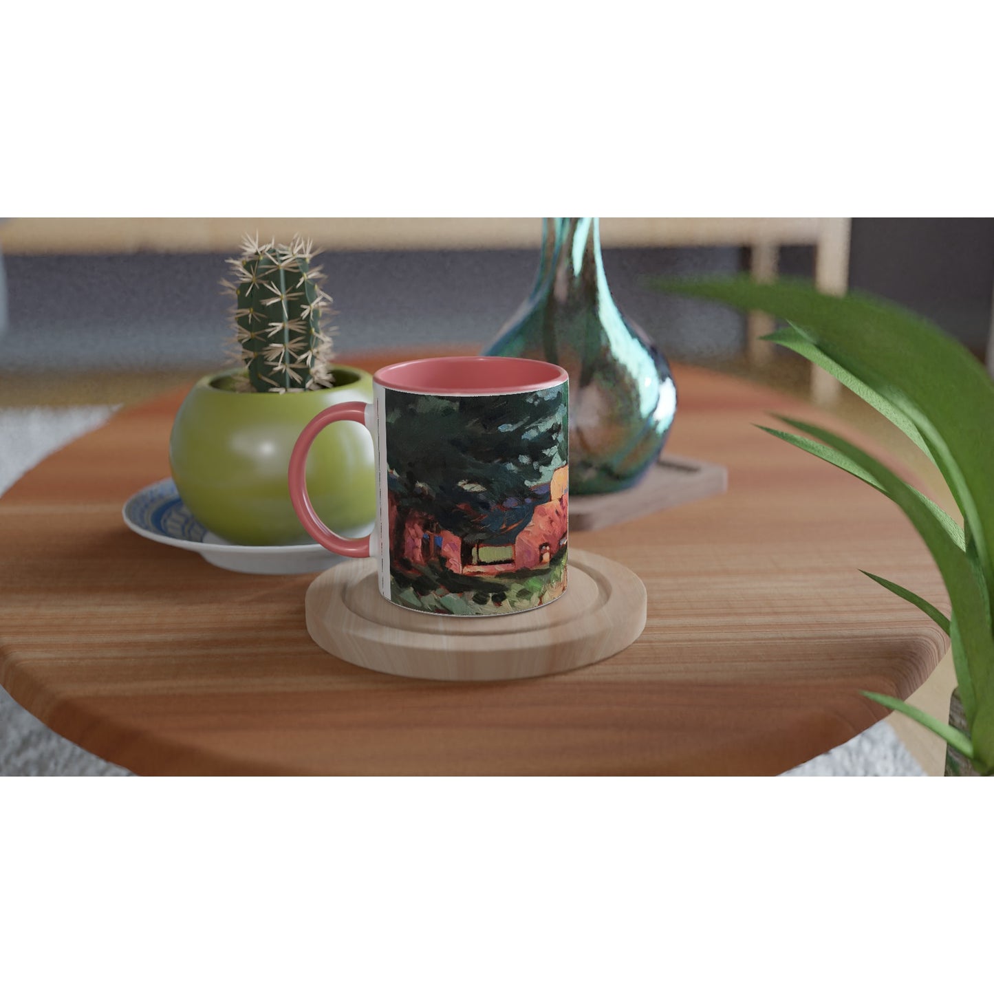 11oz White Ceramic Mug with Color Inside | Coffee Cup with 'Spring in Taos' Southwest Artwork by American Artist Barbara Cleary